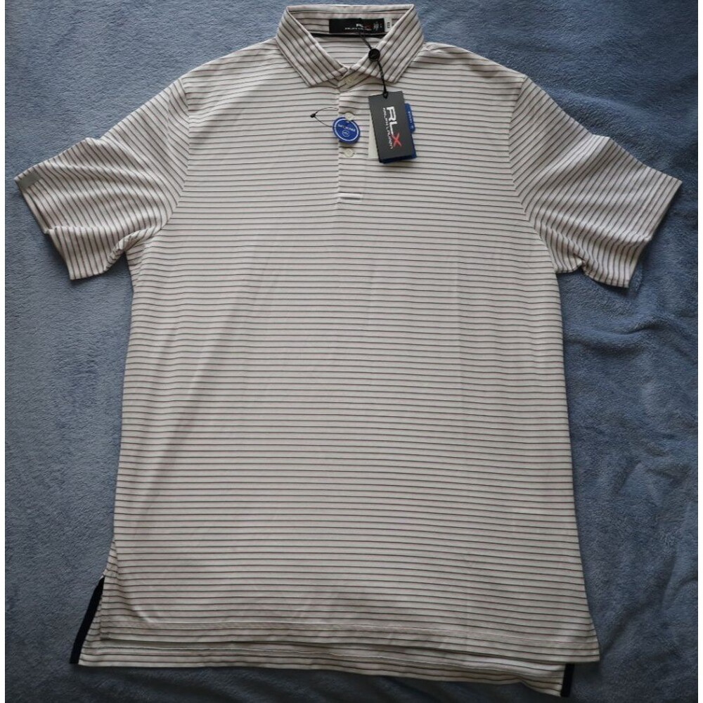 Polo Ralph Lauren RLX Golf Polo Shirt Mens L Pink Sand Stripe Wicking NWT $98
